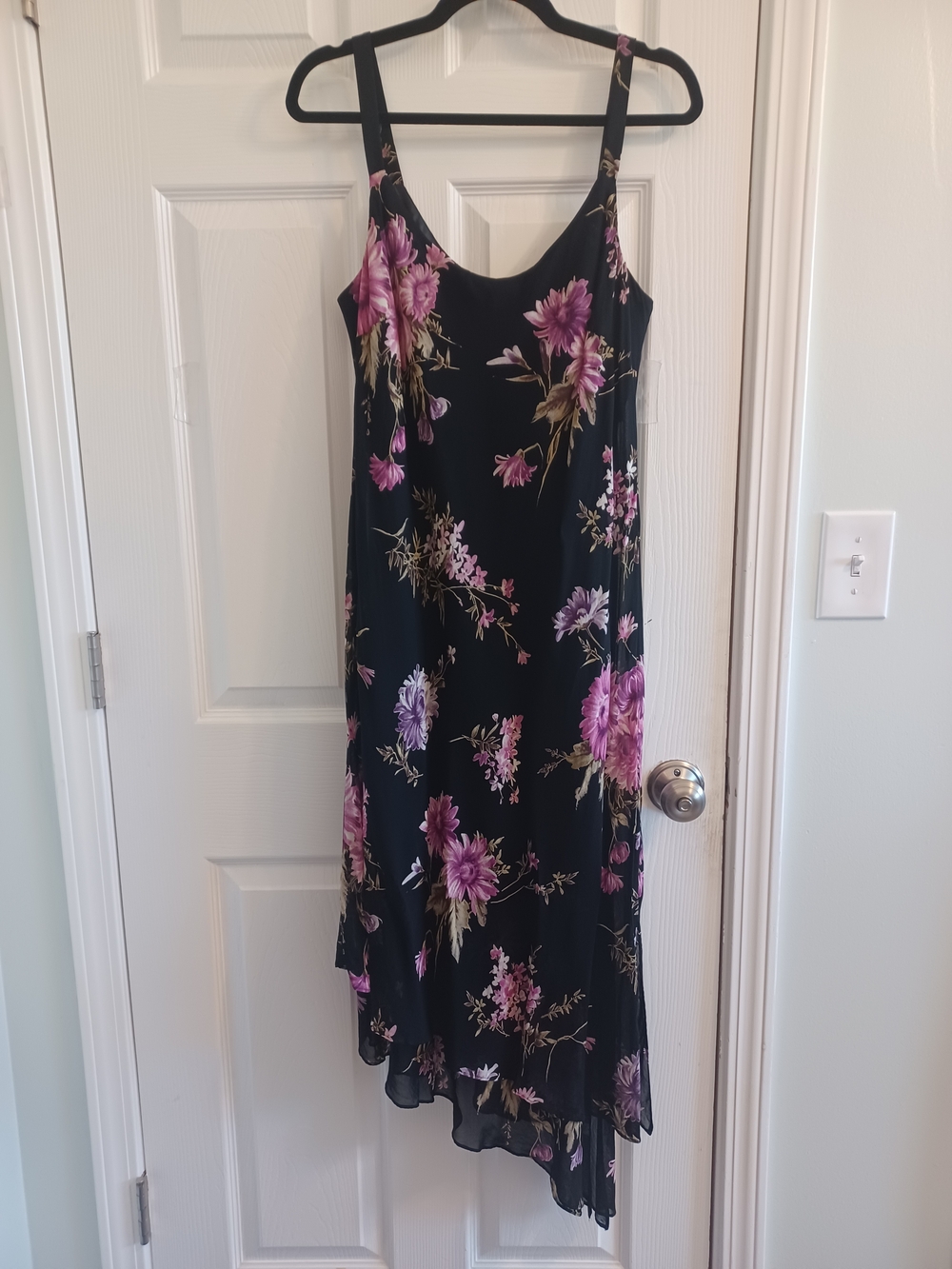 Evan Picone Black Asymmetrical Slip Dress Pink Floral Print Whimsigoth Fairy